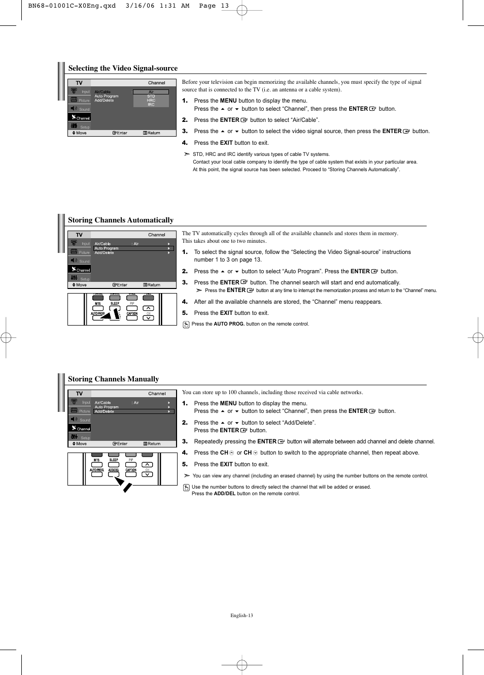 Selecting the video signal-source, Storing channels automatically, Storing channels manually | Samsung LNS2341WX-XAA User Manual | Page 15 / 80