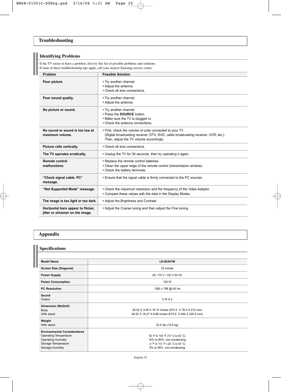 Troubleshooting, Identifying problems, Appendix | Specifications, Troubleshooting appendix | Samsung LNS2341WX-XAA User Manual | Page 27 / 80