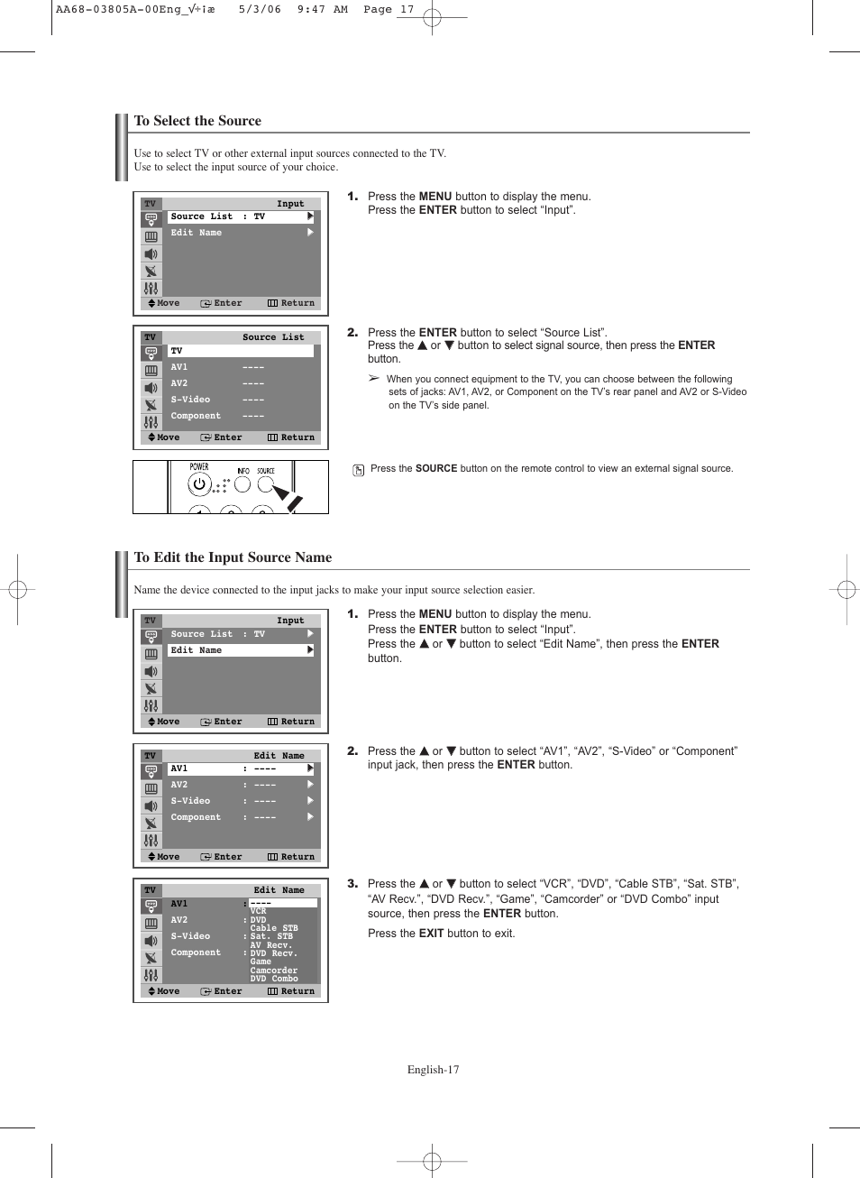 To select the source, To edit the input source name | Samsung TXS2740X-XAC User Manual | Page 17 / 40