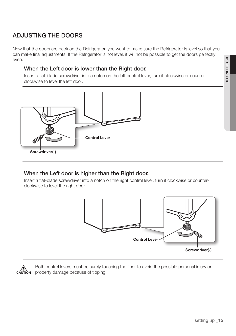 Adjusting the doors, When the left door is lower than the right door, When the left door is higher than the right door | Samsung RF197ABRS-XAA User Manual | Page 15 / 34