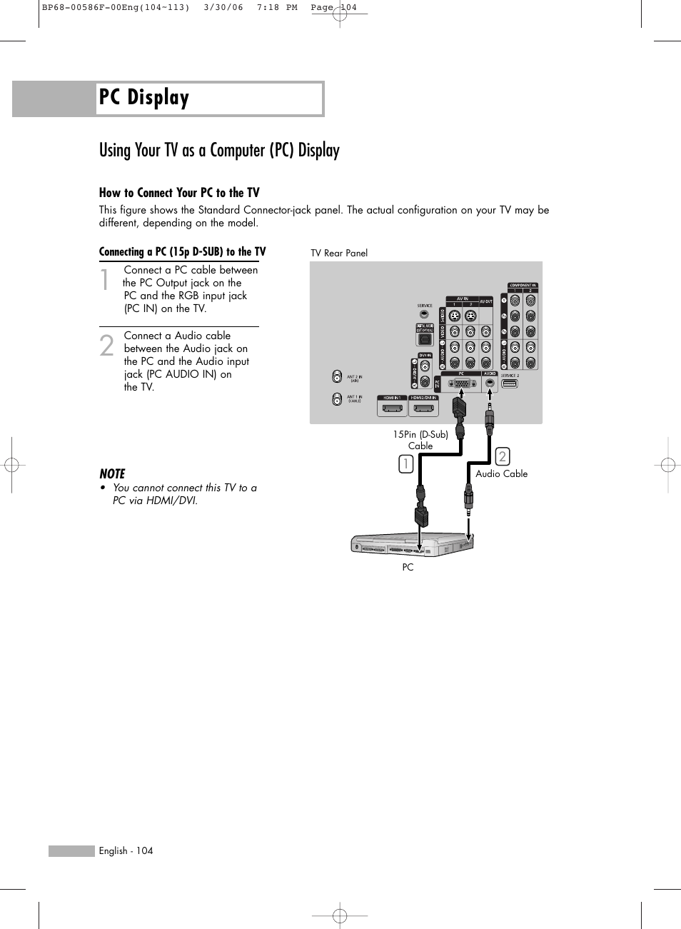 Using your tv as a computer (pc) display, Pc display | Samsung HLS6165WX-XAA User Manual | Page 104 / 120