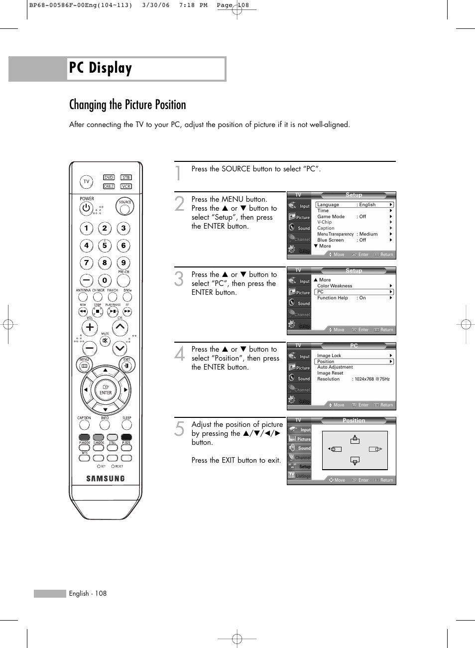 Changing the picture position, Pc display | Samsung HLS6165WX-XAA User Manual | Page 108 / 120