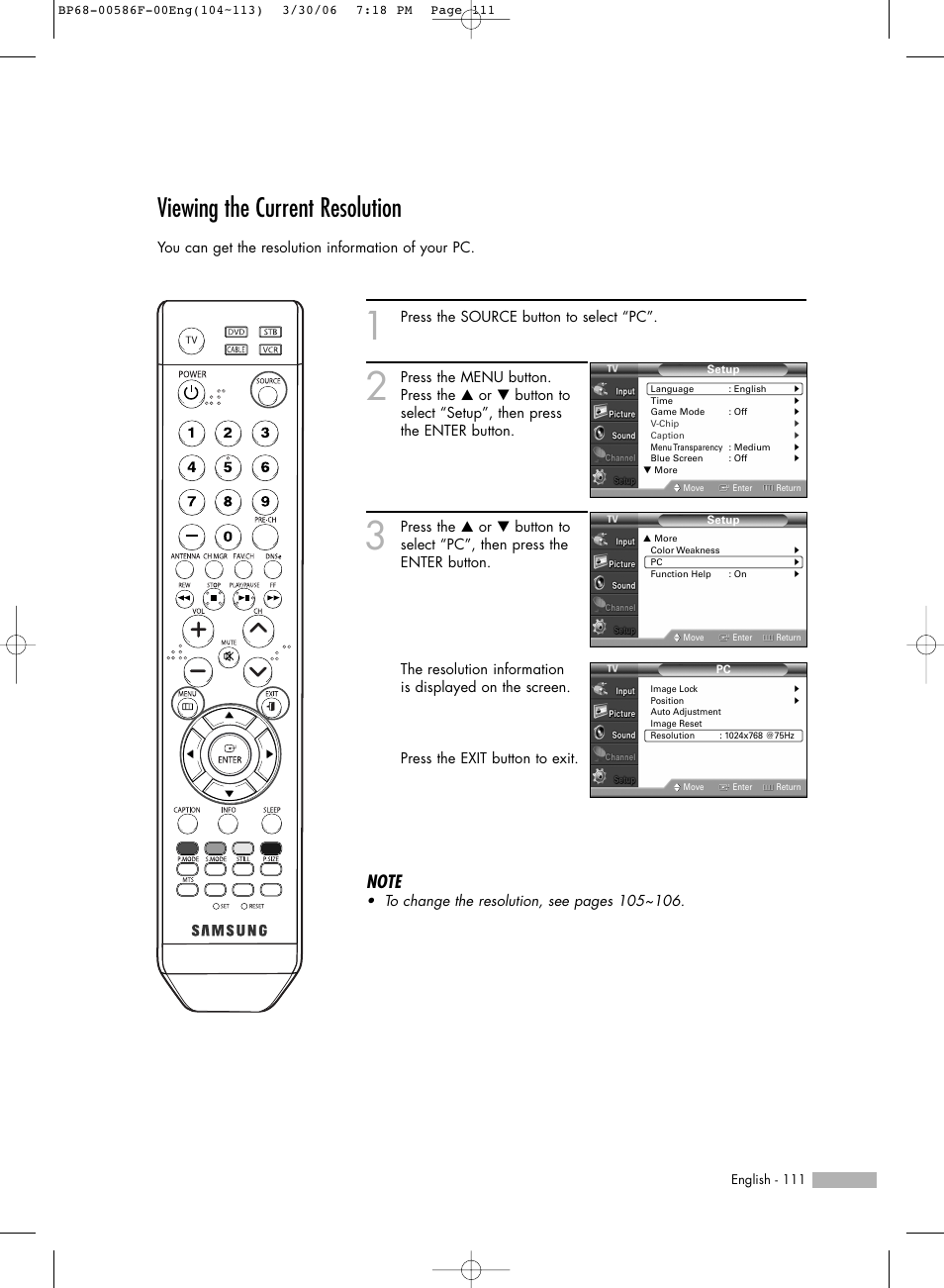 Viewing the current resolution | Samsung HLS6165WX-XAA User Manual | Page 111 / 120