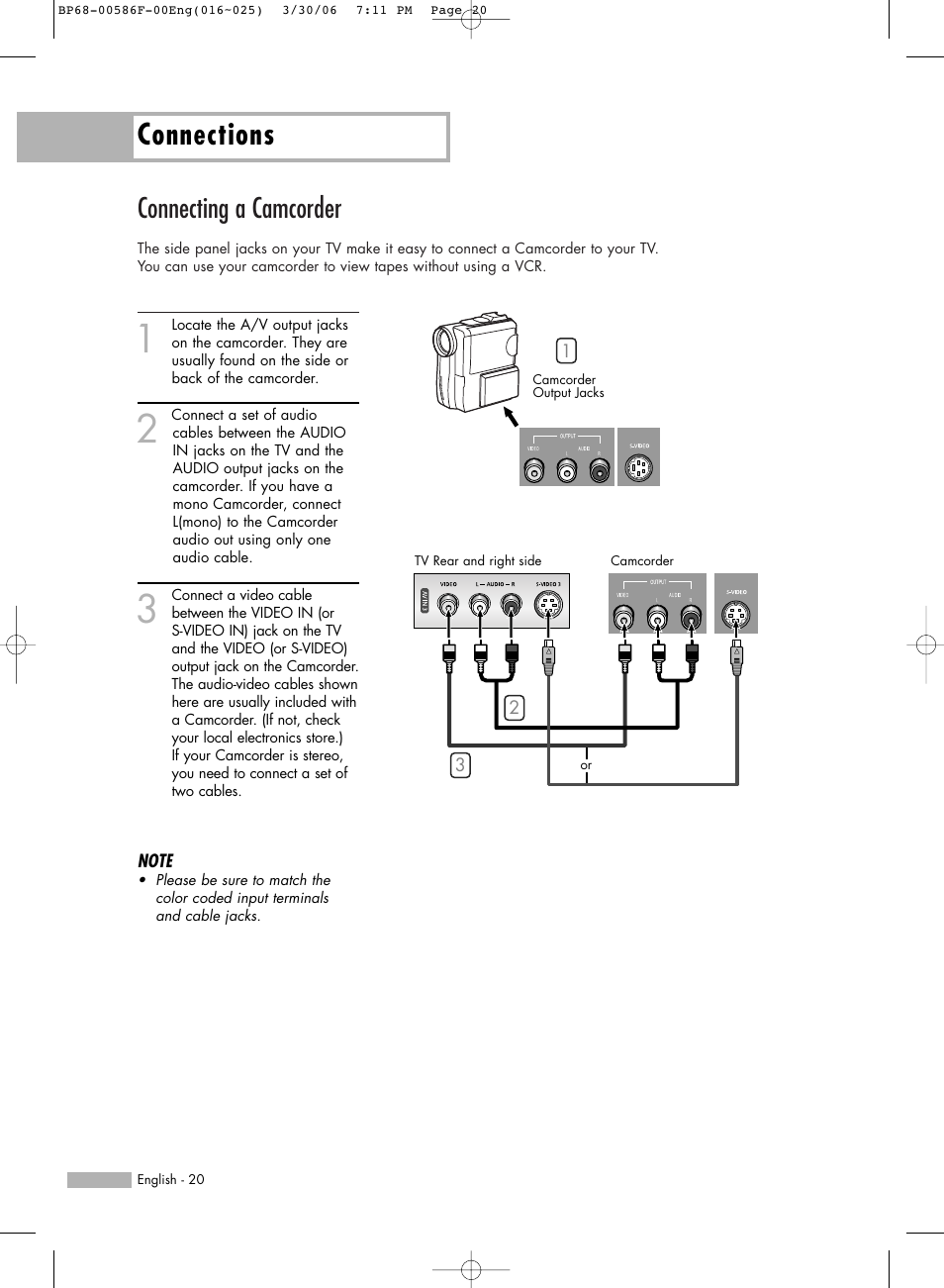 Connecting a camcorder, Connections | Samsung HLS6165WX-XAA User Manual | Page 20 / 120
