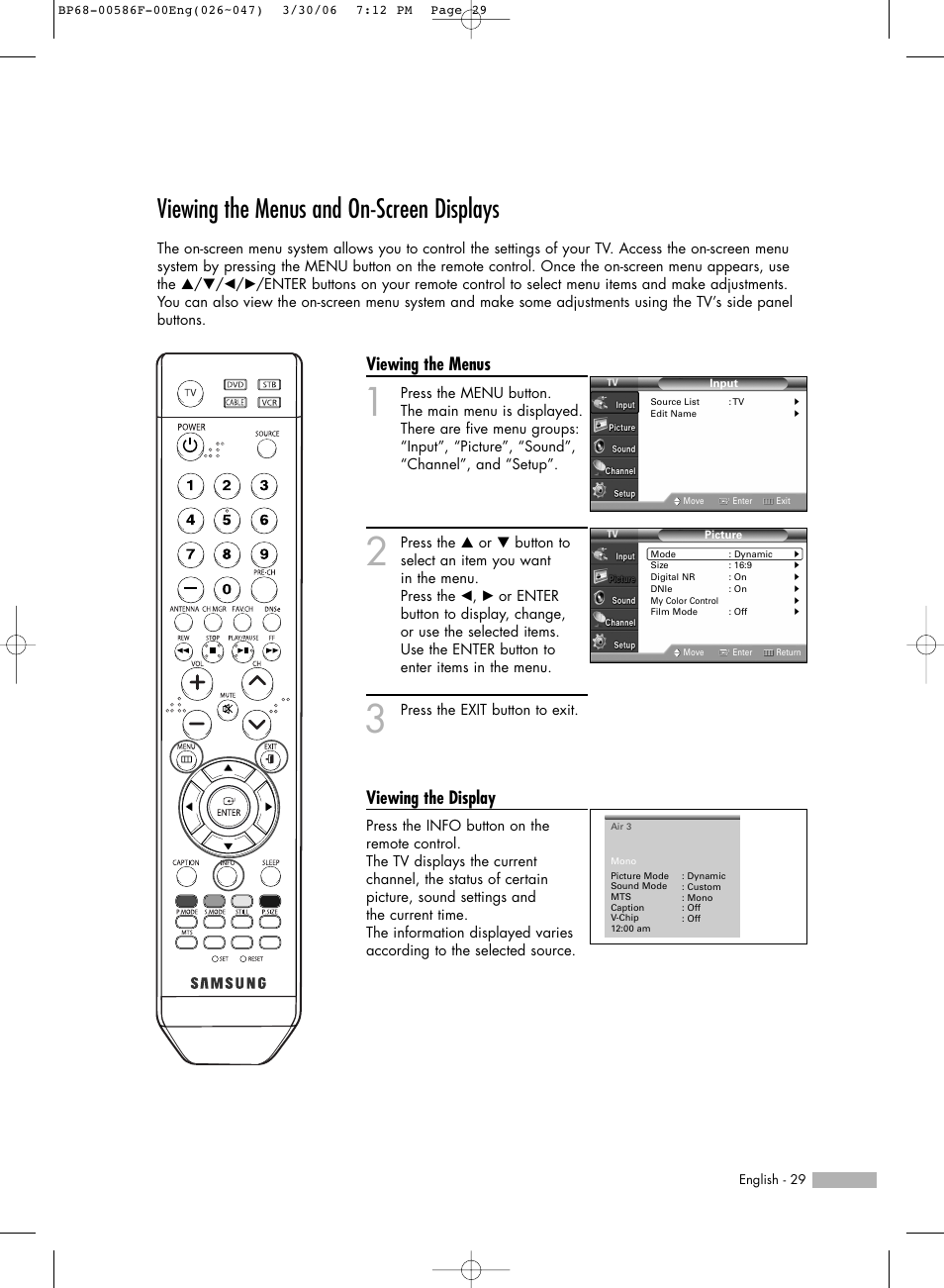 Viewing the menus and on-screen displays, Viewing the menus, Viewing the display | Samsung HLS6165WX-XAA User Manual | Page 29 / 120