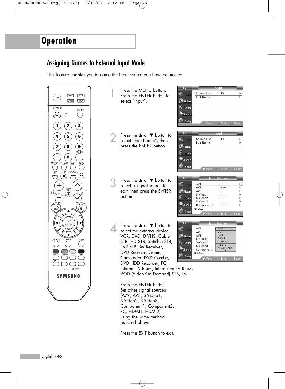 Assigning names to external input mode, Operation | Samsung HLS6165WX-XAA User Manual | Page 46 / 120
