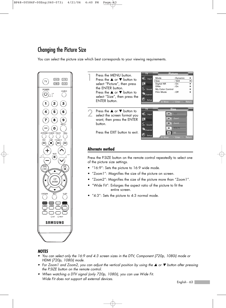 Changing the picture size, Alternate method | Samsung HLS6165WX-XAA User Manual | Page 63 / 120