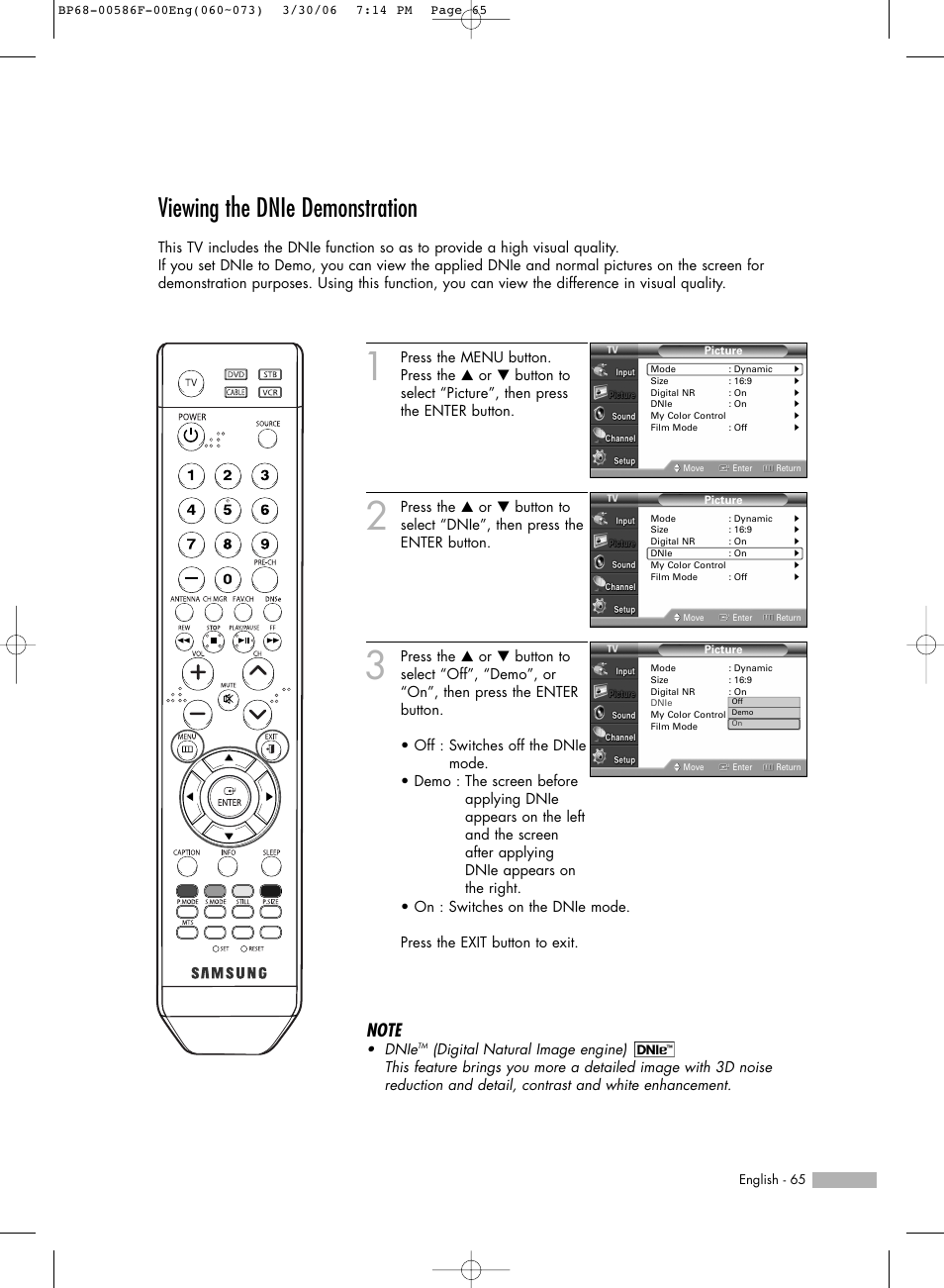 Viewing the dnie demonstration | Samsung HLS6165WX-XAA User Manual | Page 65 / 120