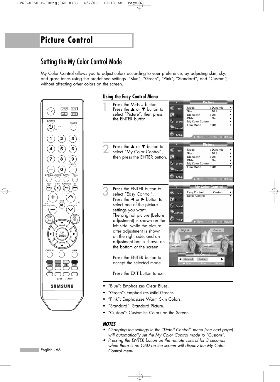 Setting the my color control mode, Picture control, Using the easy control menu | Samsung HLS6165WX-XAA User Manual | Page 66 / 120