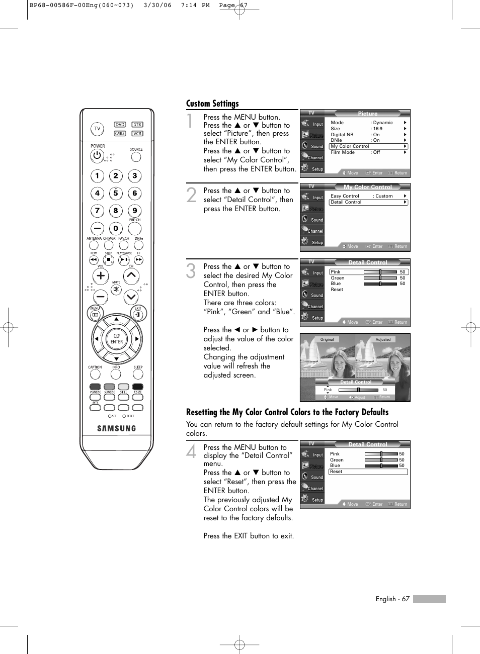 Custom settings | Samsung HLS6165WX-XAA User Manual | Page 67 / 120