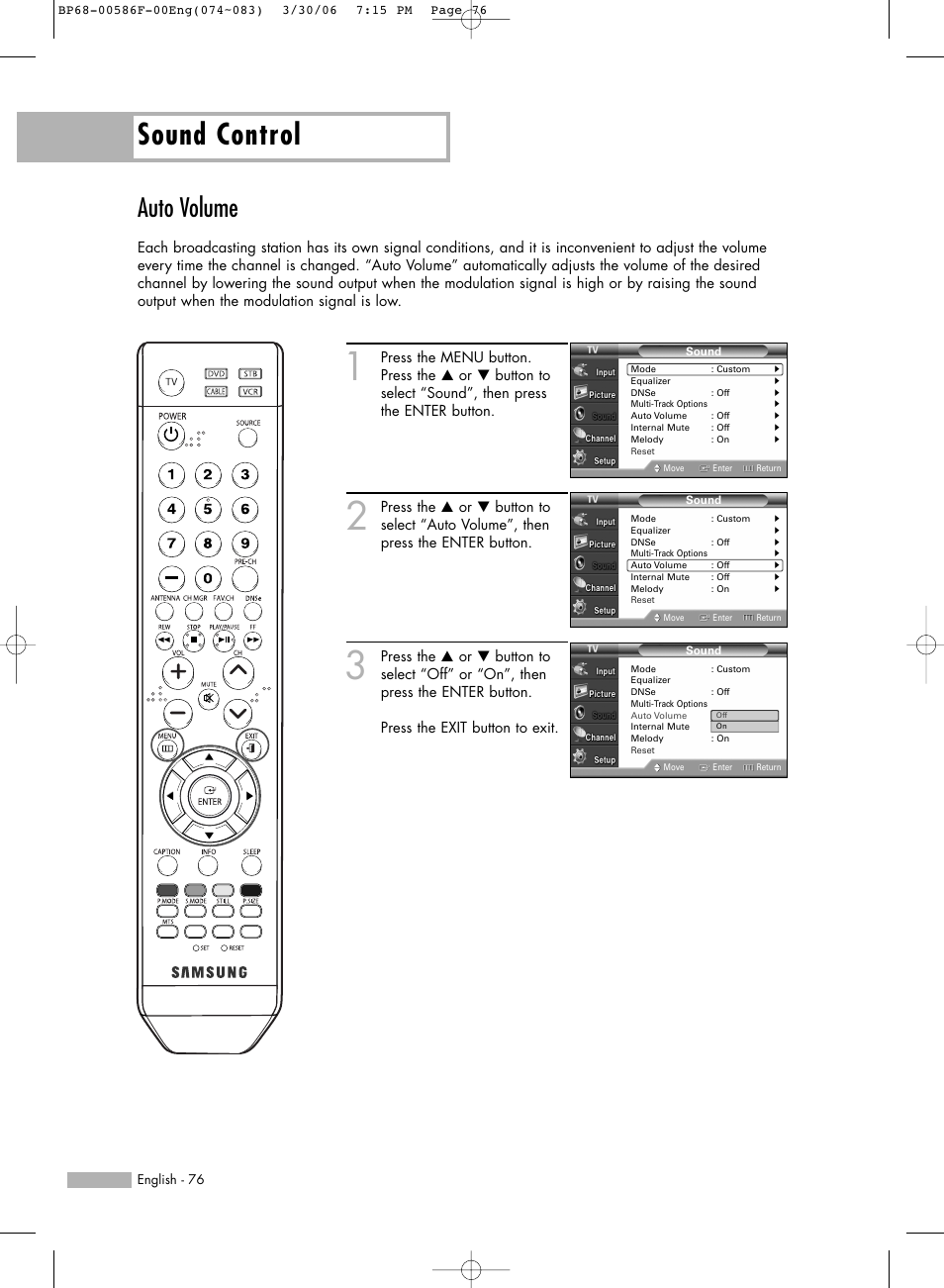 Auto volume, Sound control | Samsung HLS6165WX-XAA User Manual | Page 76 / 120