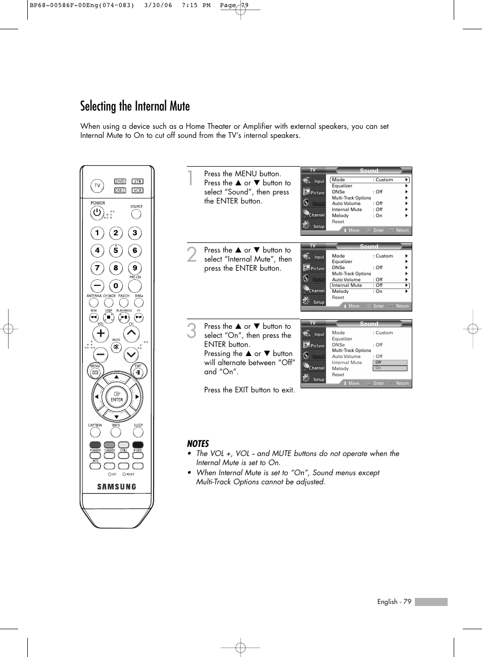 Selecting the internal mute | Samsung HLS6165WX-XAA User Manual | Page 79 / 120
