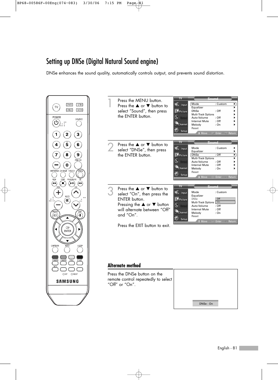 Setting up dnse (digital natural sound engine), Alternate method | Samsung HLS6165WX-XAA User Manual | Page 81 / 120