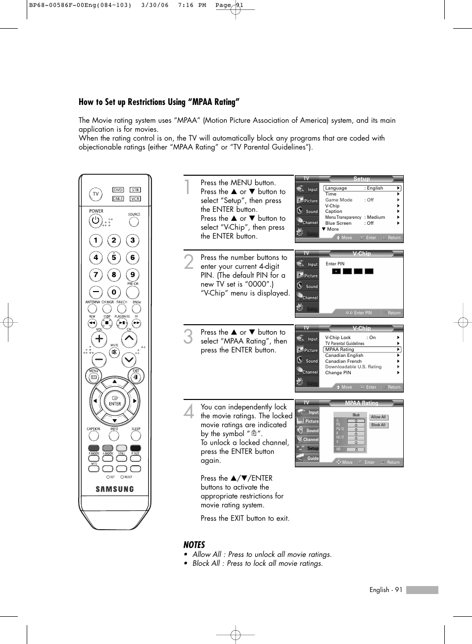 How to set up restrictions using “mpaa rating | Samsung HLS6165WX-XAA User Manual | Page 91 / 120