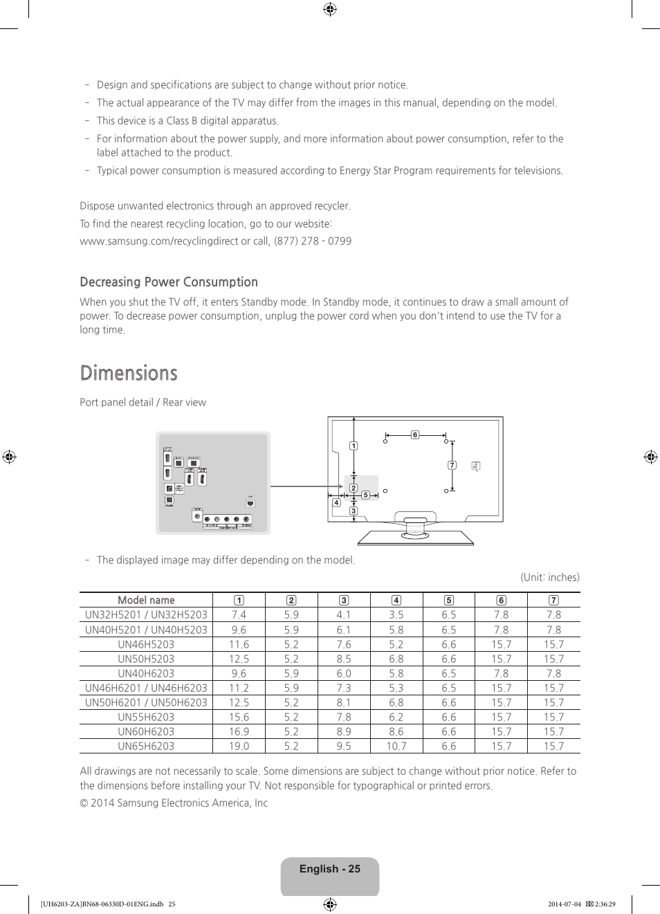 Dimensions, Decreasing power consumption | Samsung UN40H5201AFXZA User Manual | Page 25 / 32