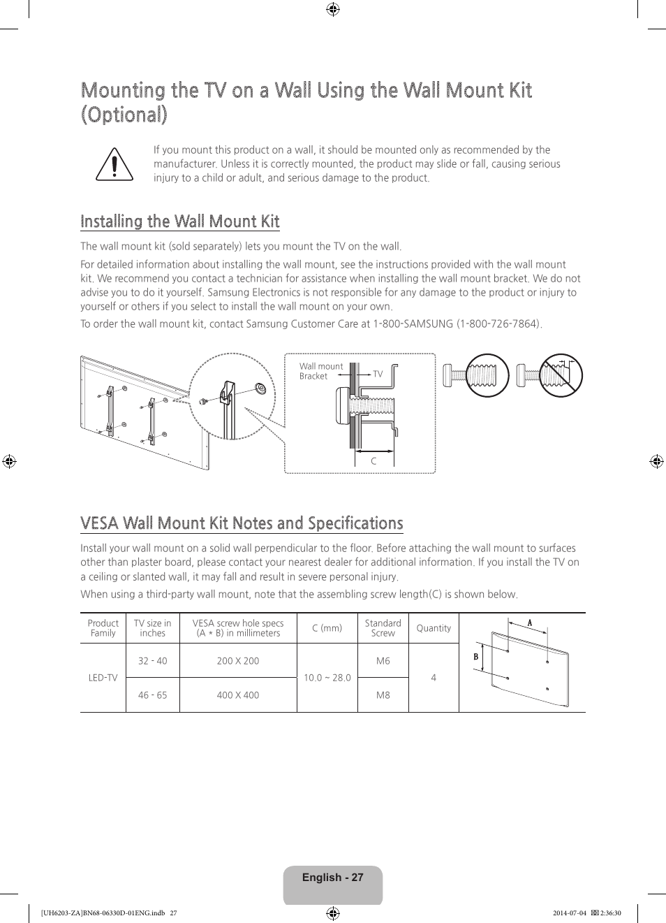 Installing the wall mount kit | Samsung UN40H5201AFXZA User Manual | Page 27 / 32