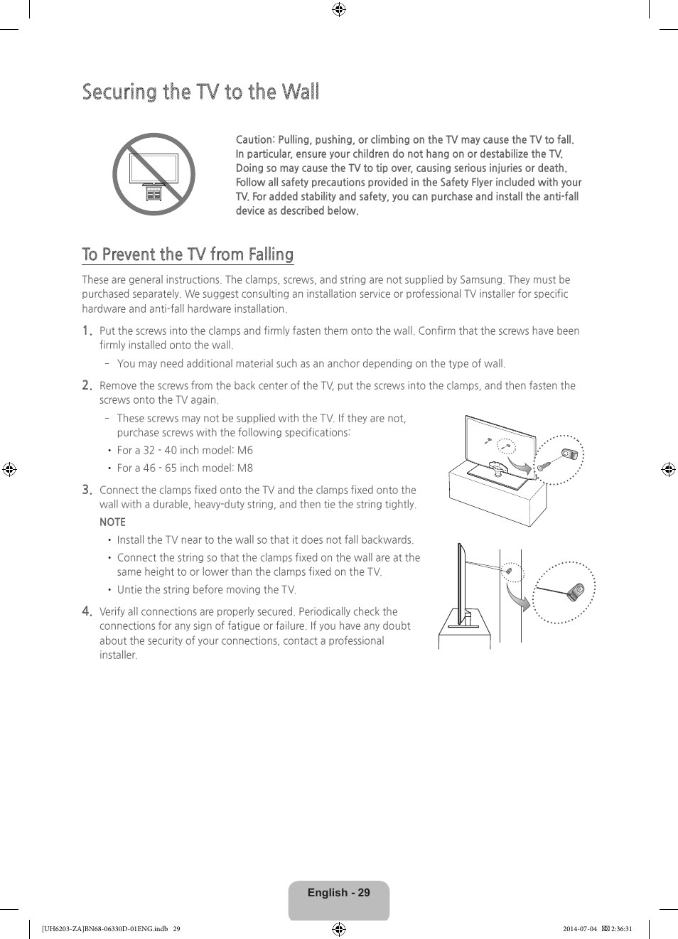Securing the tv to the wall | Samsung UN40H5201AFXZA User Manual | Page 29 / 32