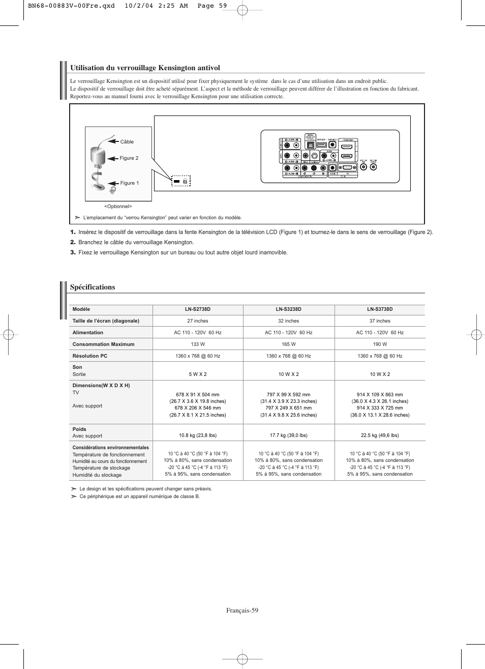 Utilisation du verrouillage kensington antivol, Spécifications | Samsung LNS3238DX-XAA User Manual | Page 121 / 182