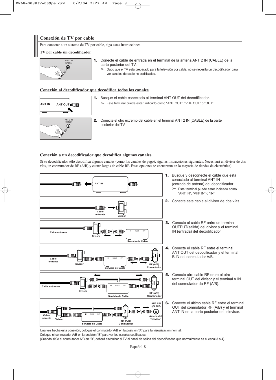 Conexión de tv por cable | Samsung LNS3238DX-XAA User Manual | Page 130 / 182