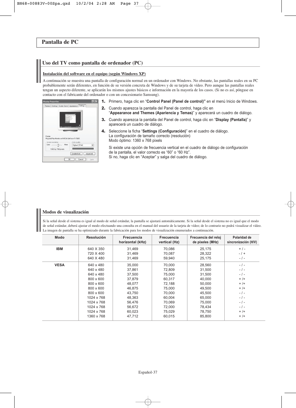 Pantalla de pc, Uso del tv como pantalla de ordenador (pc) | Samsung LNS3238DX-XAA User Manual | Page 159 / 182
