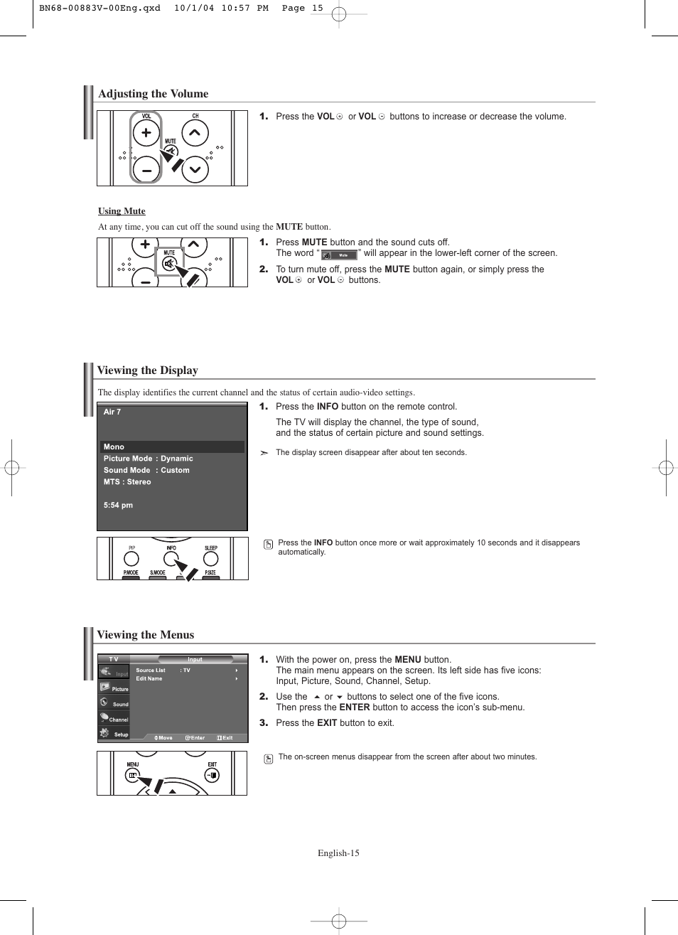 Adjusting the volume, Viewing the display, Viewing the menus | Samsung LNS3238DX-XAA User Manual | Page 17 / 182