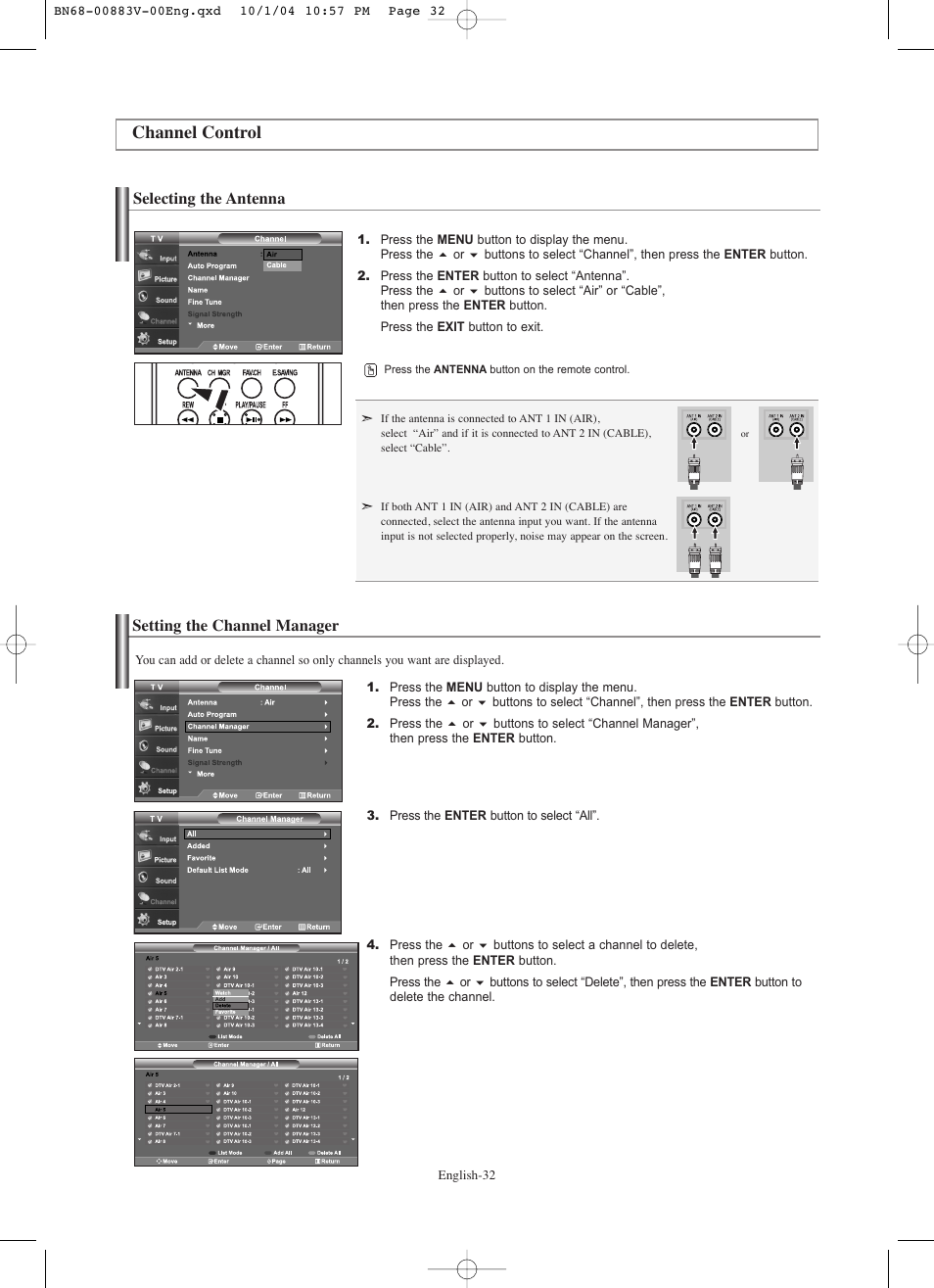 Channel control, Selecting the antenna, Setting the channel manager | Samsung LNS3238DX-XAA User Manual | Page 34 / 182