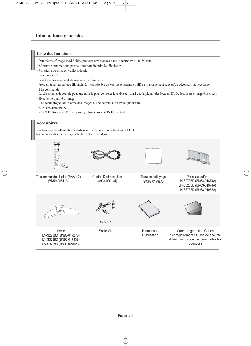 Informations générales | Samsung LNS3238DX-XAA User Manual | Page 64 / 182