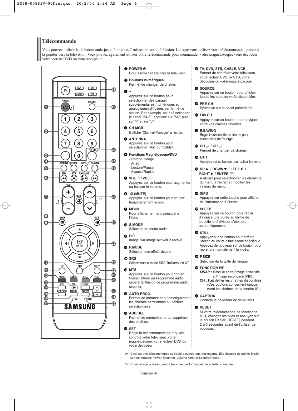 Télécommande | Samsung LNS3238DX-XAA User Manual | Page 68 / 182