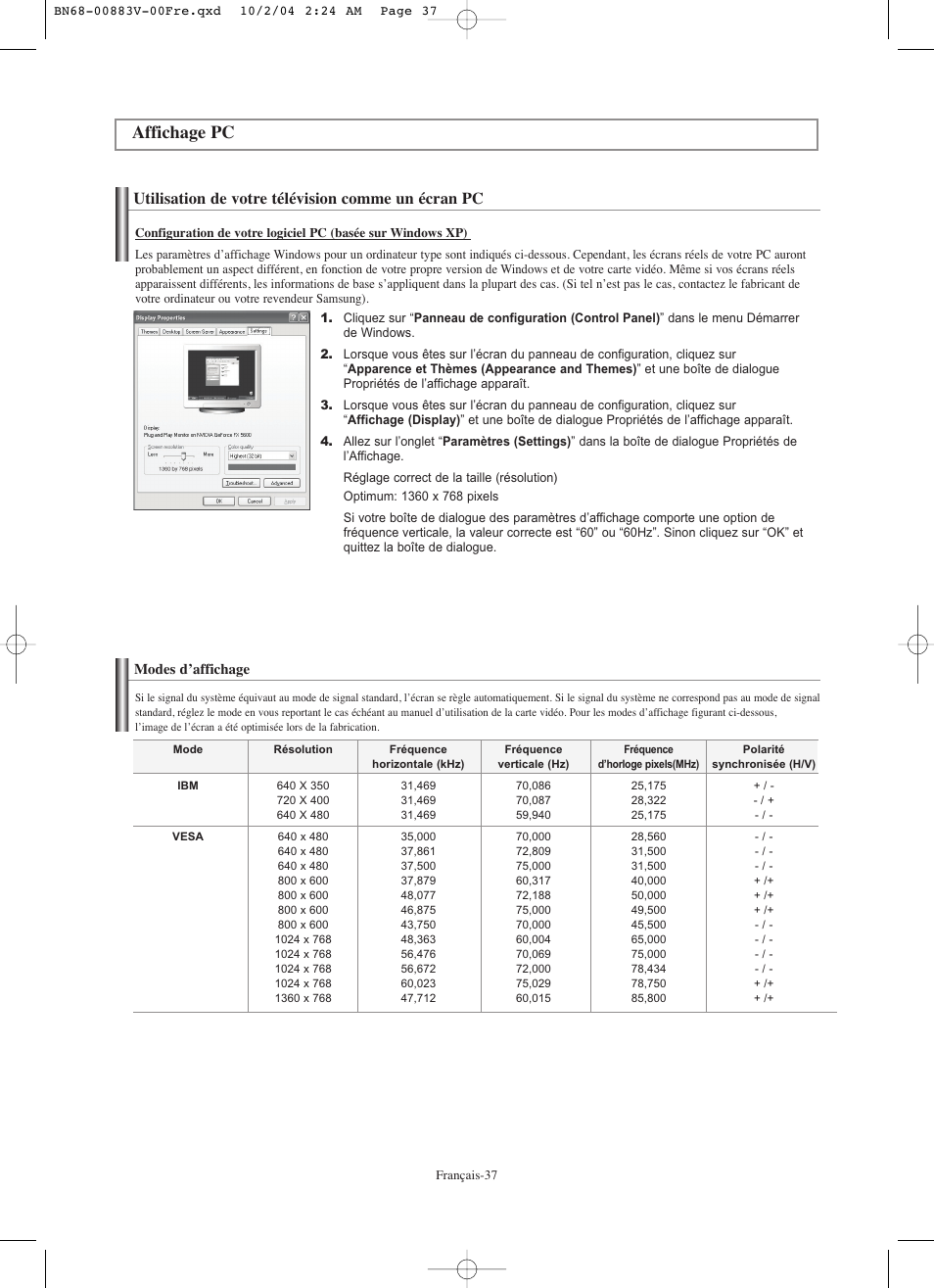 Affichage pc, Utilisation de votre télévision comme un écran pc | Samsung LNS3238DX-XAA User Manual | Page 99 / 182