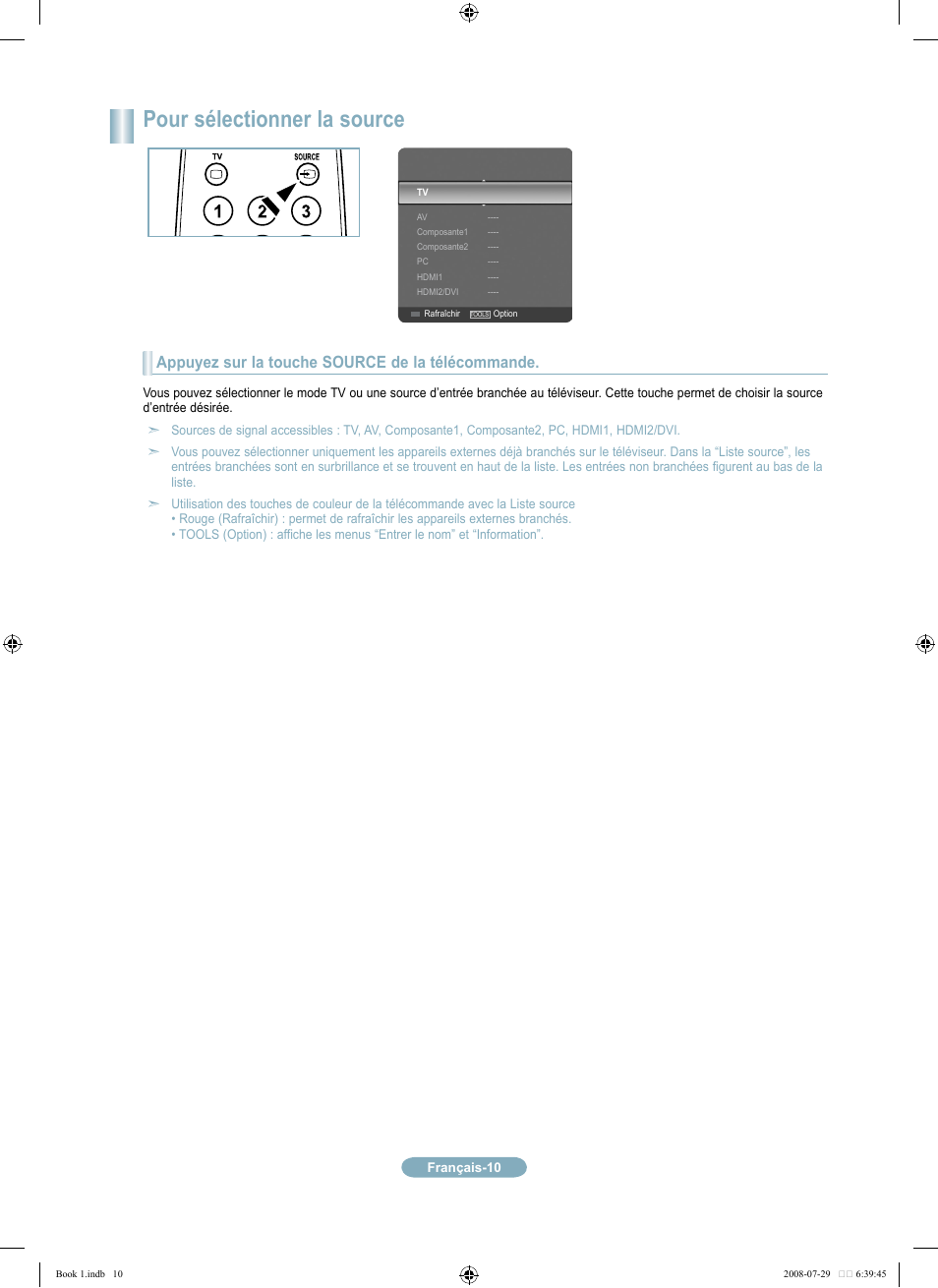 Pour sélectionner la source, Appuyez sur la touche source de la télécommande | Samsung LN46A500T1FXZA User Manual | Page 22 / 37