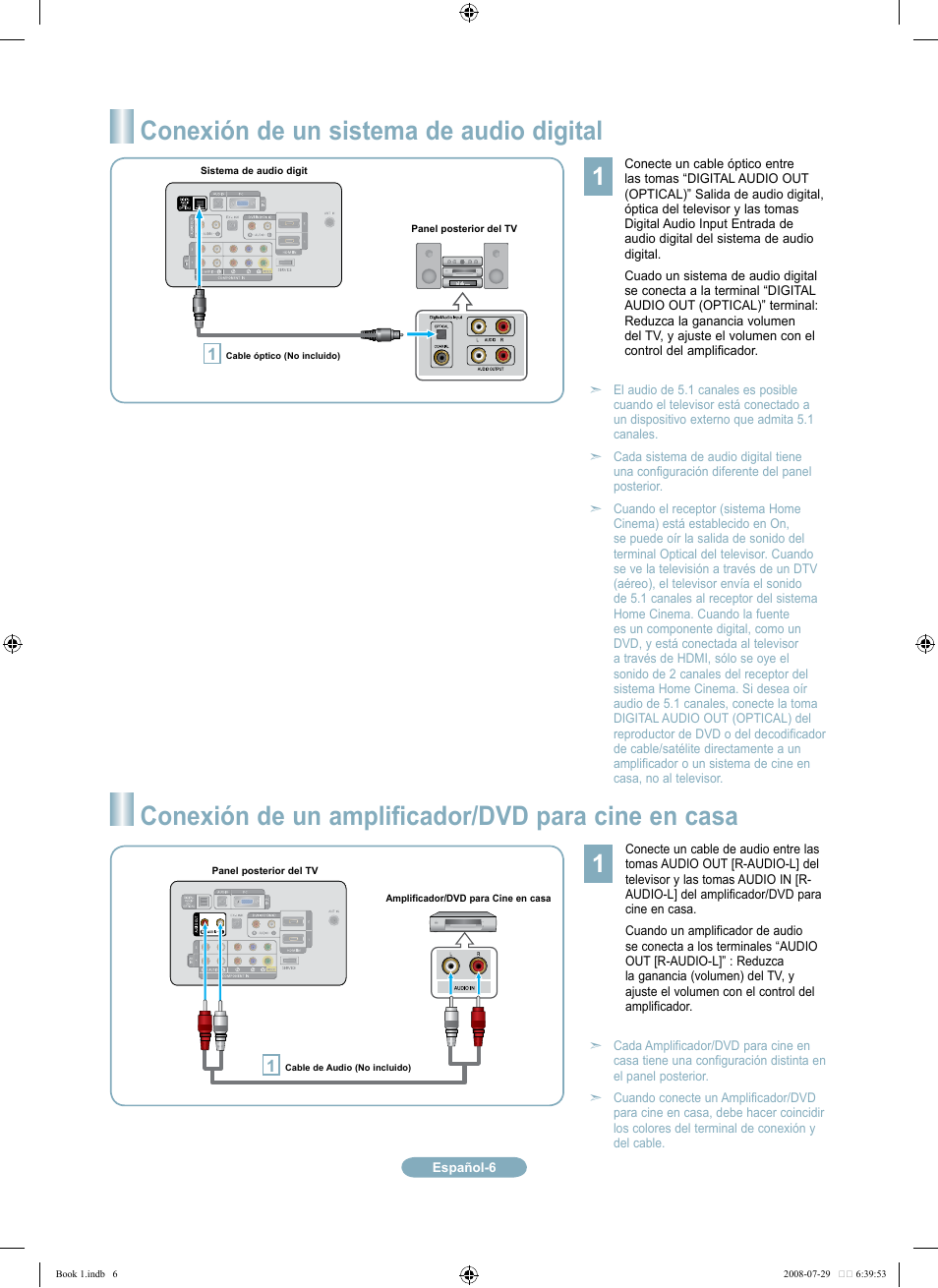 Conexión de un sistema de audio digital, Conexión de un amplificador/dvd para cine en casa | Samsung LN46A500T1FXZA User Manual | Page 30 / 37