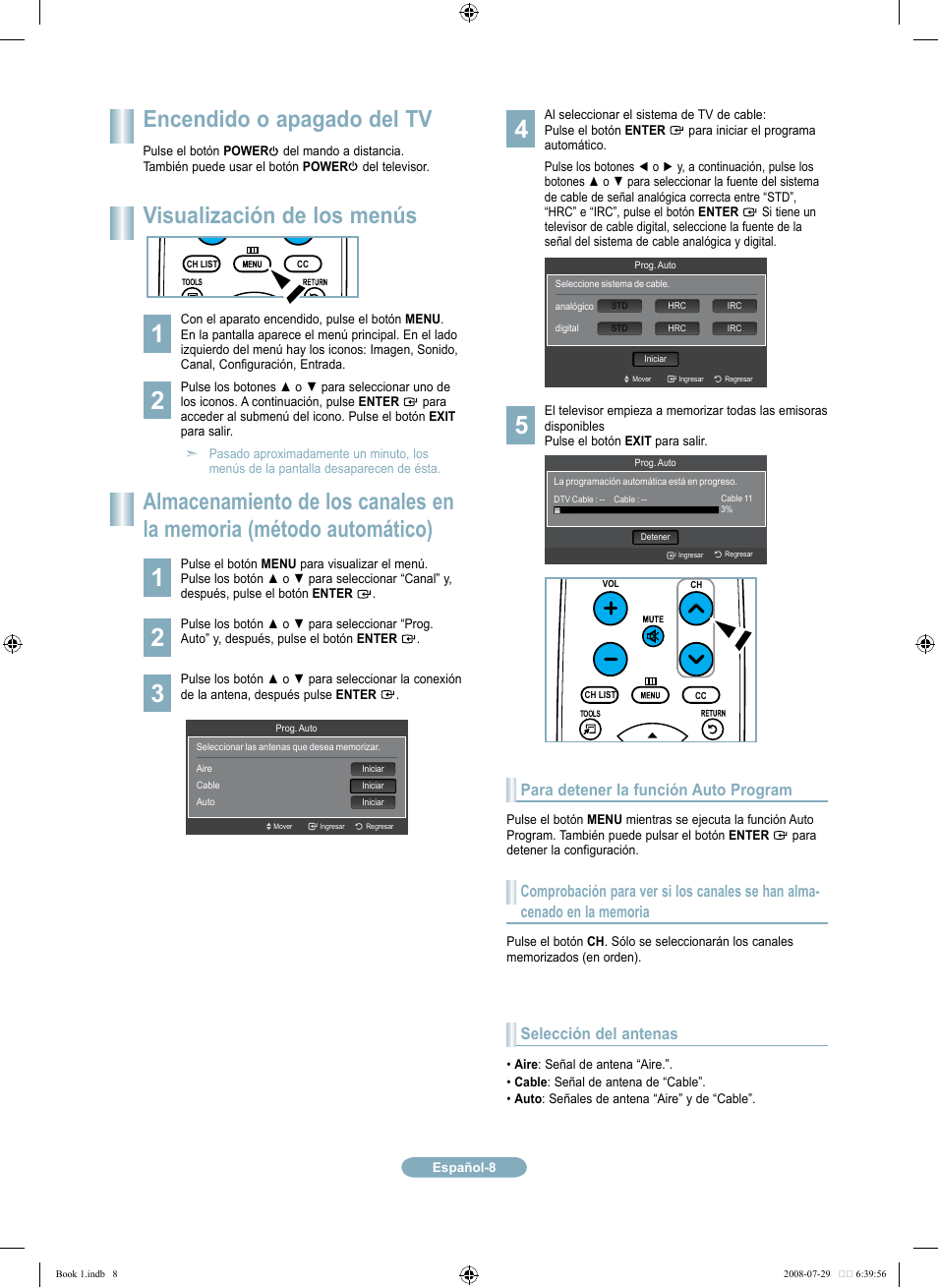 Encendido o apagado del tv, Visualización de los menús, Para detener la función auto program | Selección del antenas | Samsung LN46A500T1FXZA User Manual | Page 32 / 37