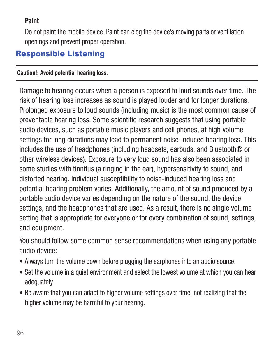 Responsible listening | Samsung SCH-R375ZKATFN User Manual | Page 100 / 108