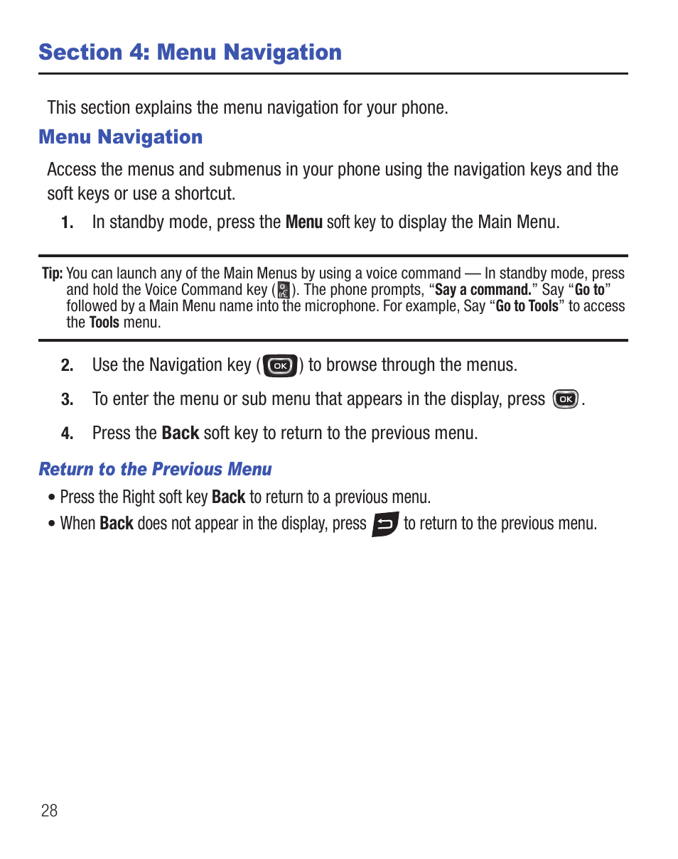 Section 4: menu navigation, Menu navigation | Samsung SCH-R375ZKATFN User Manual | Page 32 / 108