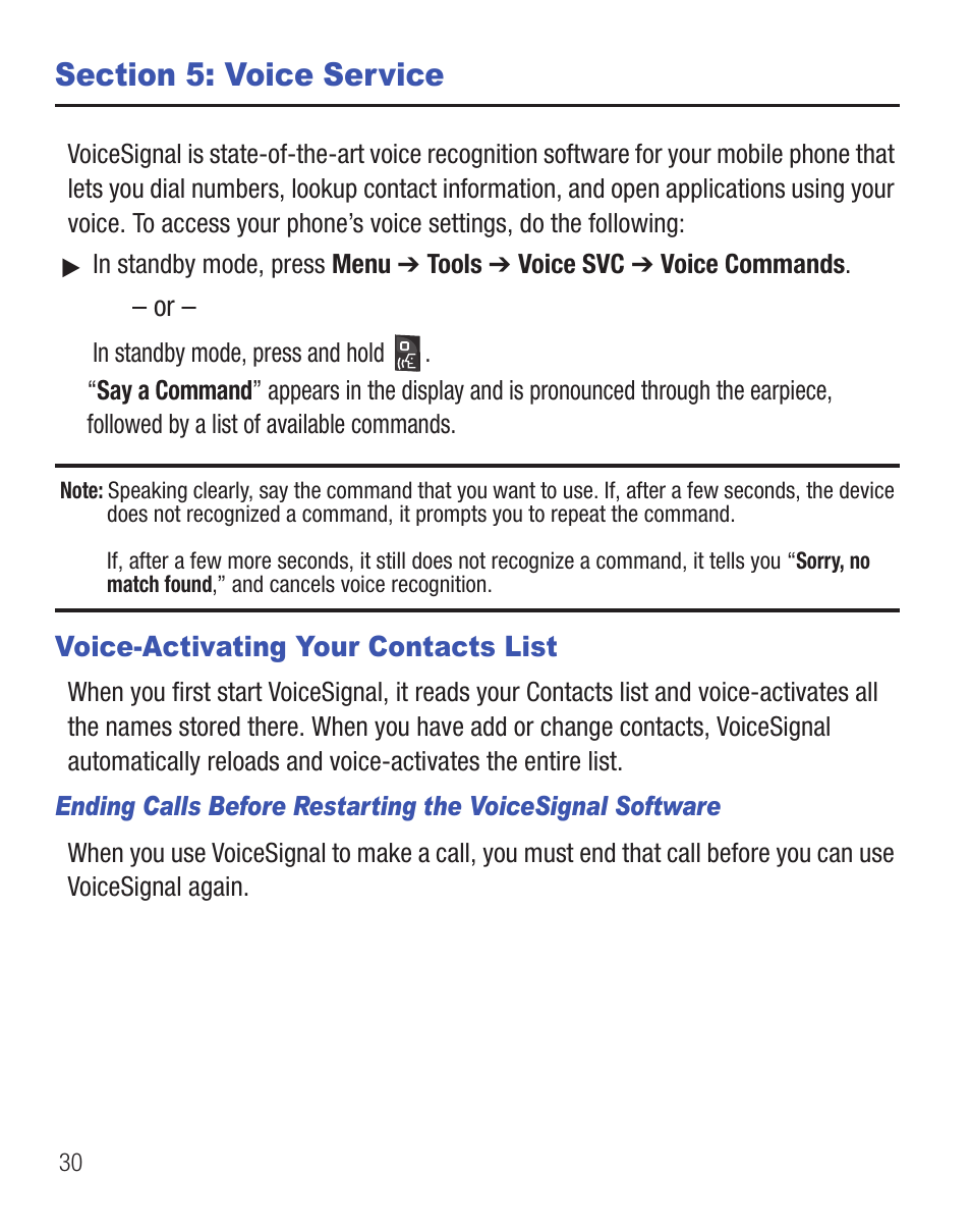 Section 5: voice service, Voice-activating your contacts list | Samsung SCH-R375ZKATFN User Manual | Page 34 / 108