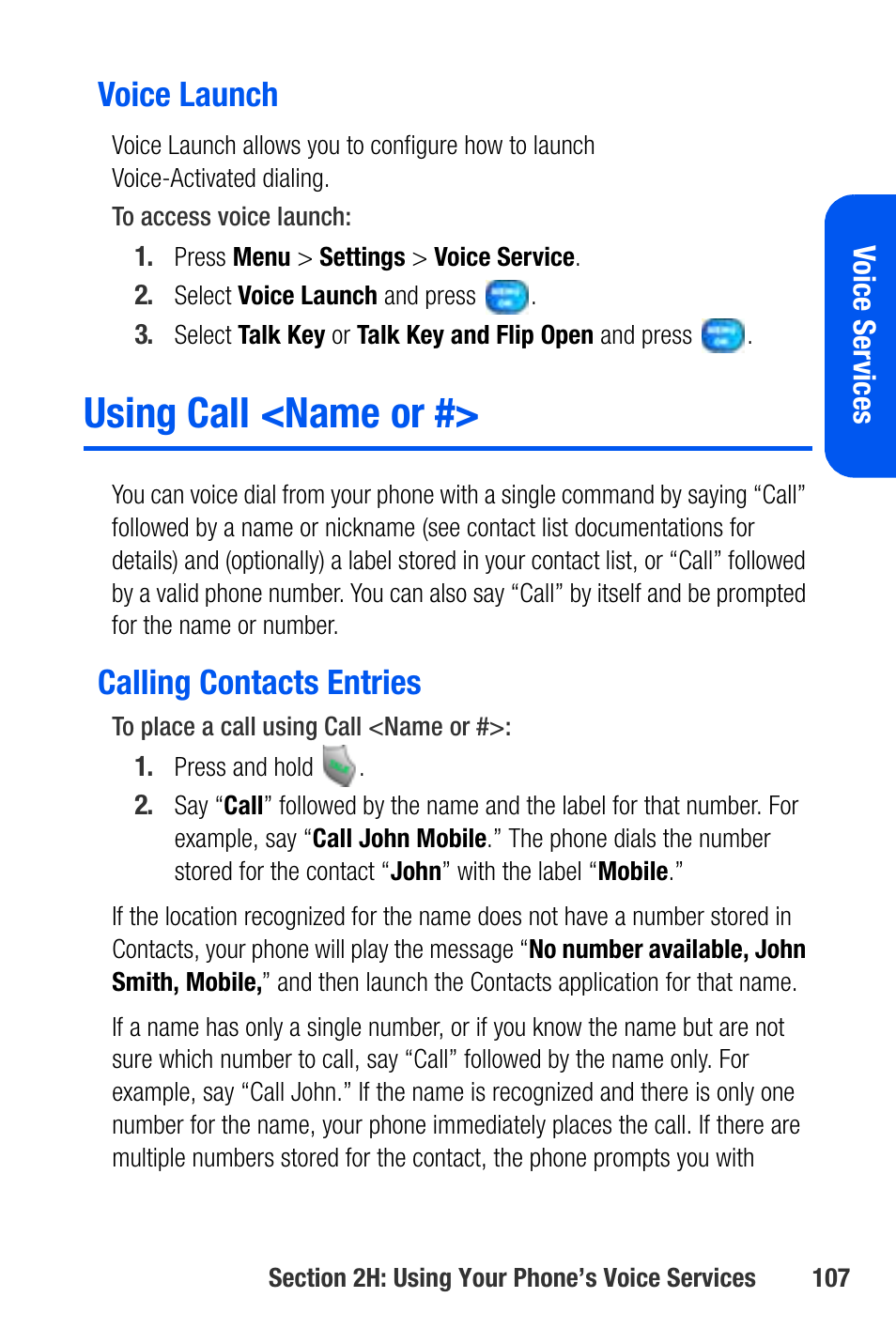 Voice launch, Using call <name or, Calling contacts entries | Samsung SEPA920WSAQST User Manual | Page 129 / 246