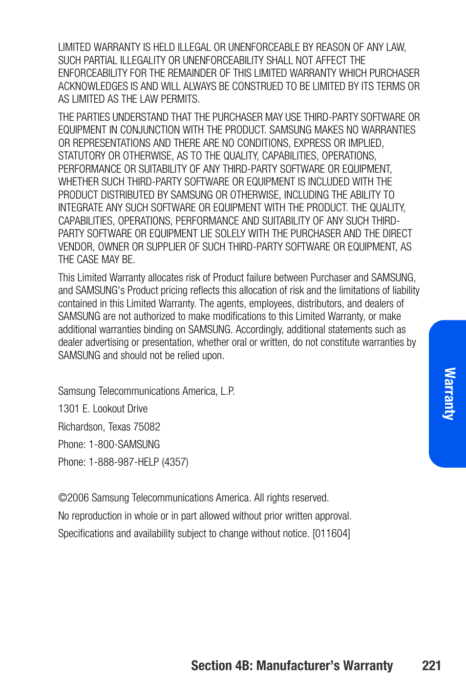 Wa rr a n ty | Samsung SEPA920WSAQST User Manual | Page 243 / 246