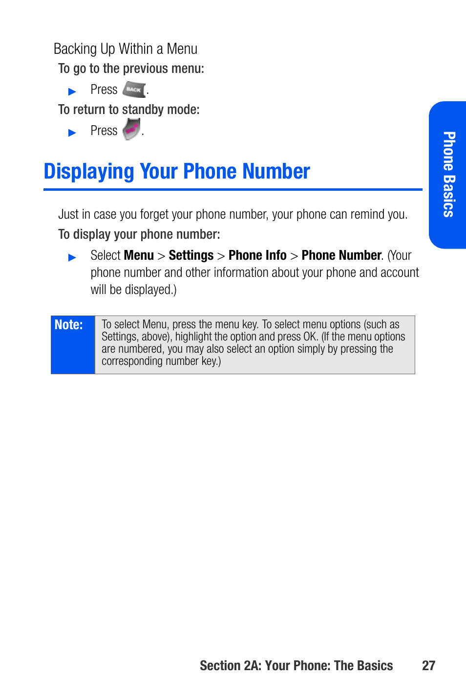 Displaying your phone number, Phone basics, Backing up within a menu | Samsung SEPA920WSAQST User Manual | Page 49 / 246