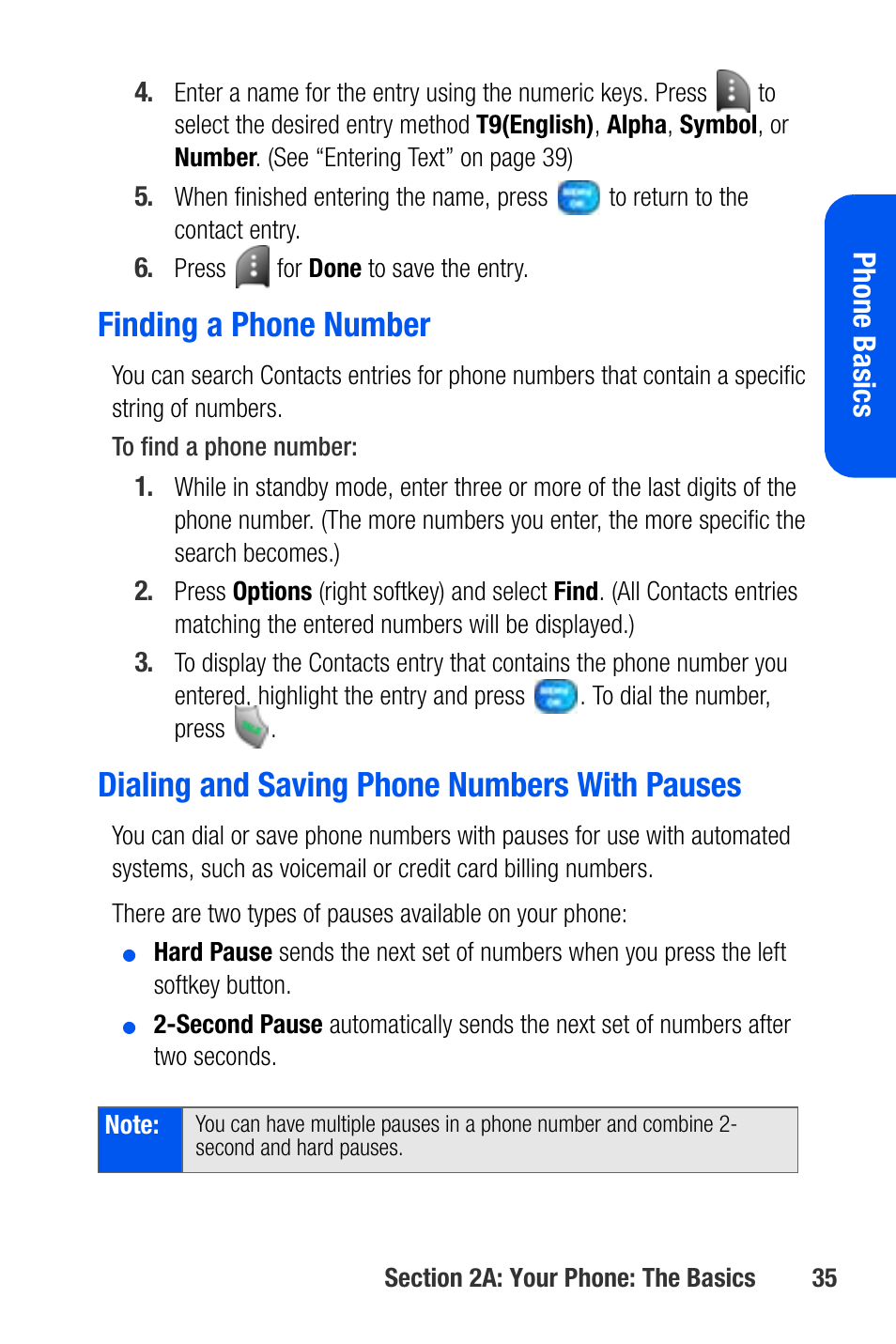 Finding a phone number, Dialing and saving phone numbers with pauses, Phone basics | Samsung SEPA920WSAQST User Manual | Page 57 / 246
