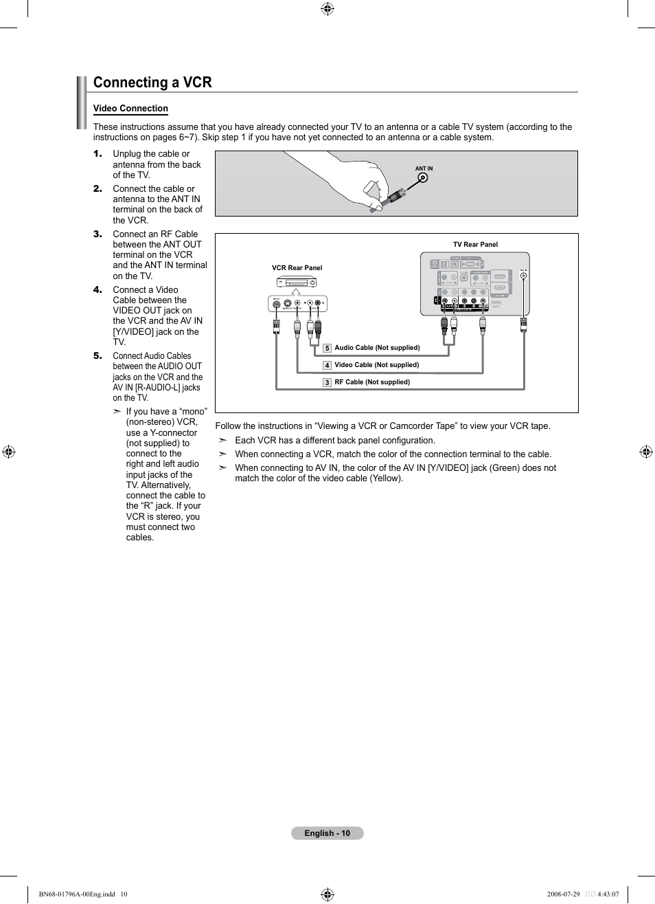 Connecting a vcr | Samsung LN40A500T1FXZA User Manual | Page 12 / 85
