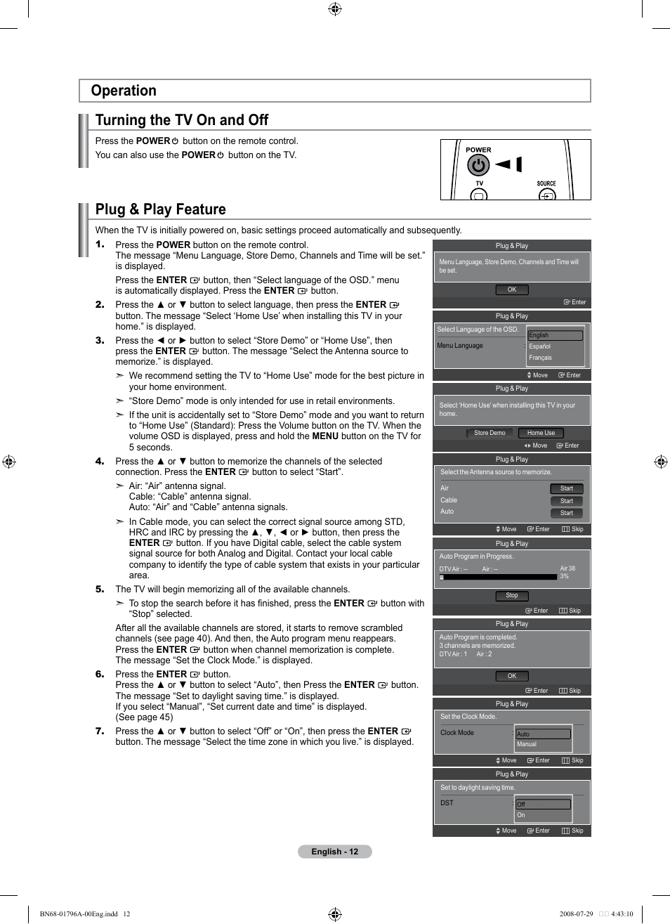 Operation, Turning the tv on and off, Plug & play feature | Operation plug & play feature | Samsung LN40A500T1FXZA User Manual | Page 14 / 85
