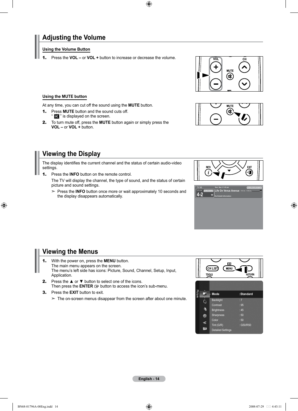 Adjusting the volume, Viewing the display, Viewing the menus | Samsung LN40A500T1FXZA User Manual | Page 16 / 85
