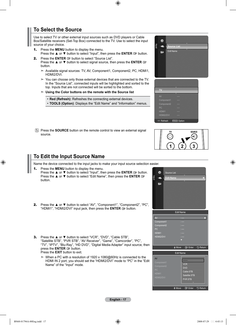To select the source, To edit the input source name | Samsung LN40A500T1FXZA User Manual | Page 19 / 85