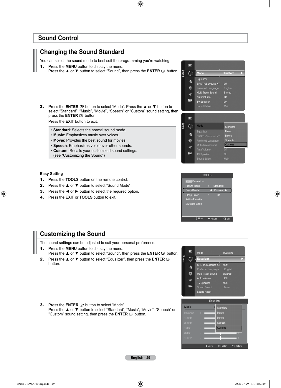 Sound control, Changing the sound standard, Customizing the sound | Sound control changing the sound standard | Samsung LN40A500T1FXZA User Manual | Page 31 / 85