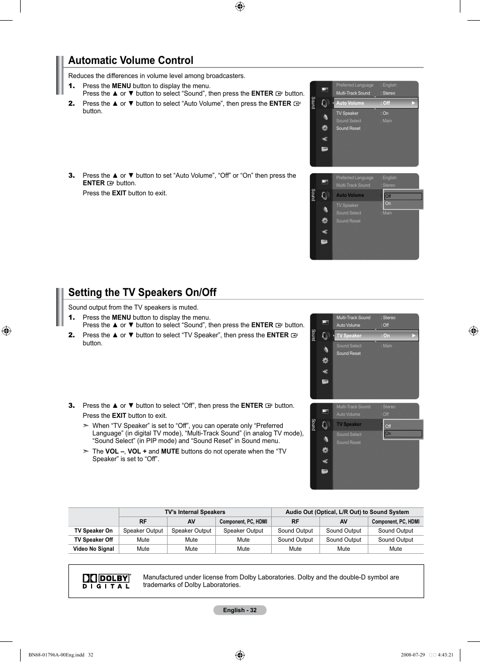 Automatic volume control, Setting the tv speakers on/off | Samsung LN40A500T1FXZA User Manual | Page 34 / 85