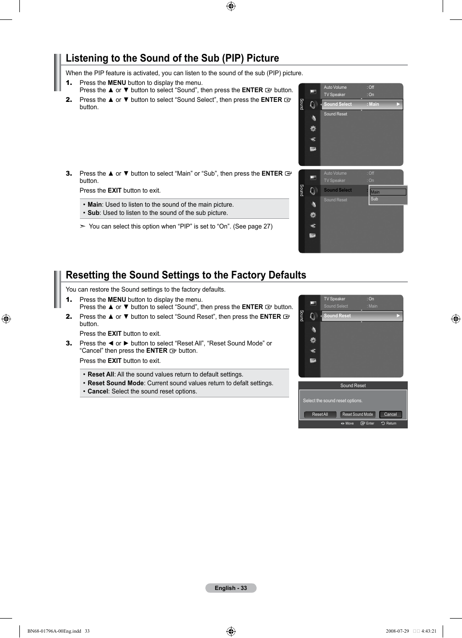 Listening to the sound of the sub (pip) picture | Samsung LN40A500T1FXZA User Manual | Page 35 / 85