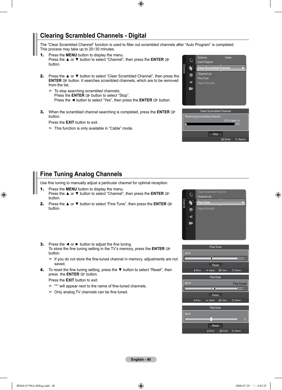 Clearing scrambled channels - digital, Fine tuning analog channels | Samsung LN40A500T1FXZA User Manual | Page 42 / 85