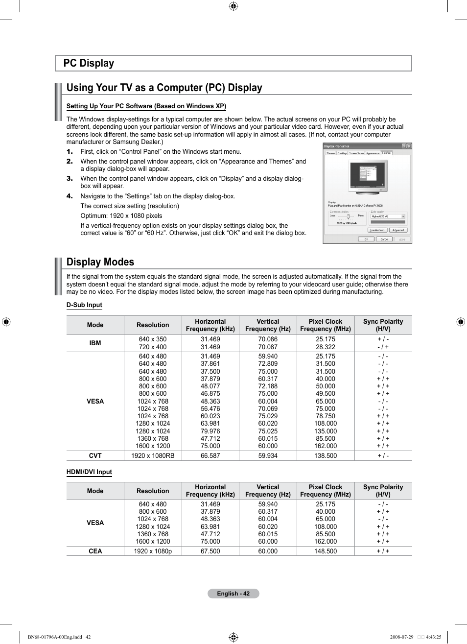 Pc display, Using your tv as a computer (pc) display, Display modes | Pc display display modes | Samsung LN40A500T1FXZA User Manual | Page 44 / 85