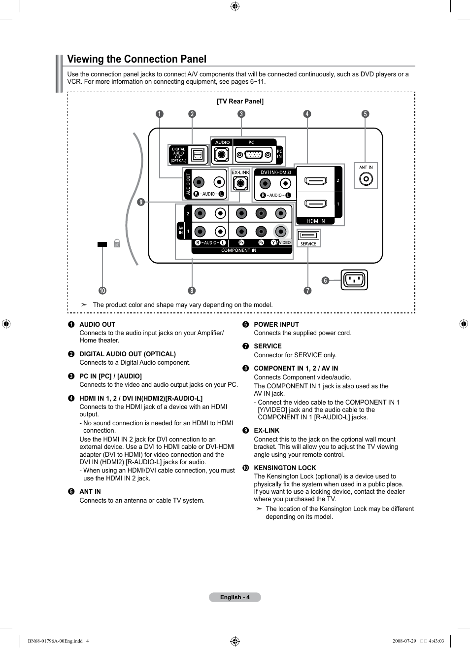 Viewing the connection panel | Samsung LN40A500T1FXZA User Manual | Page 6 / 85