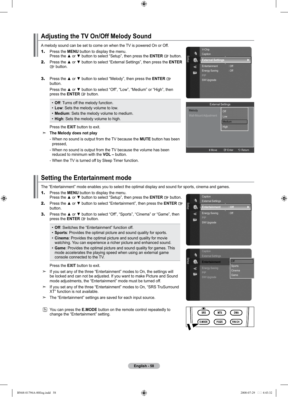 Adjusting the tv on/off melody sound, Setting the entertainment mode | Samsung LN40A500T1FXZA User Manual | Page 60 / 85